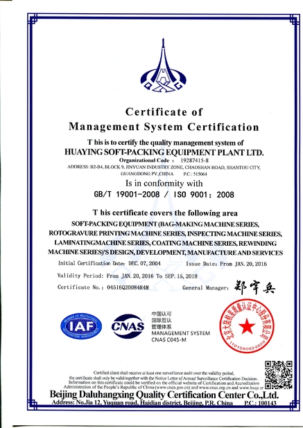 China Huaying Soft-packing Equipment Plant Ltd. certificaciones